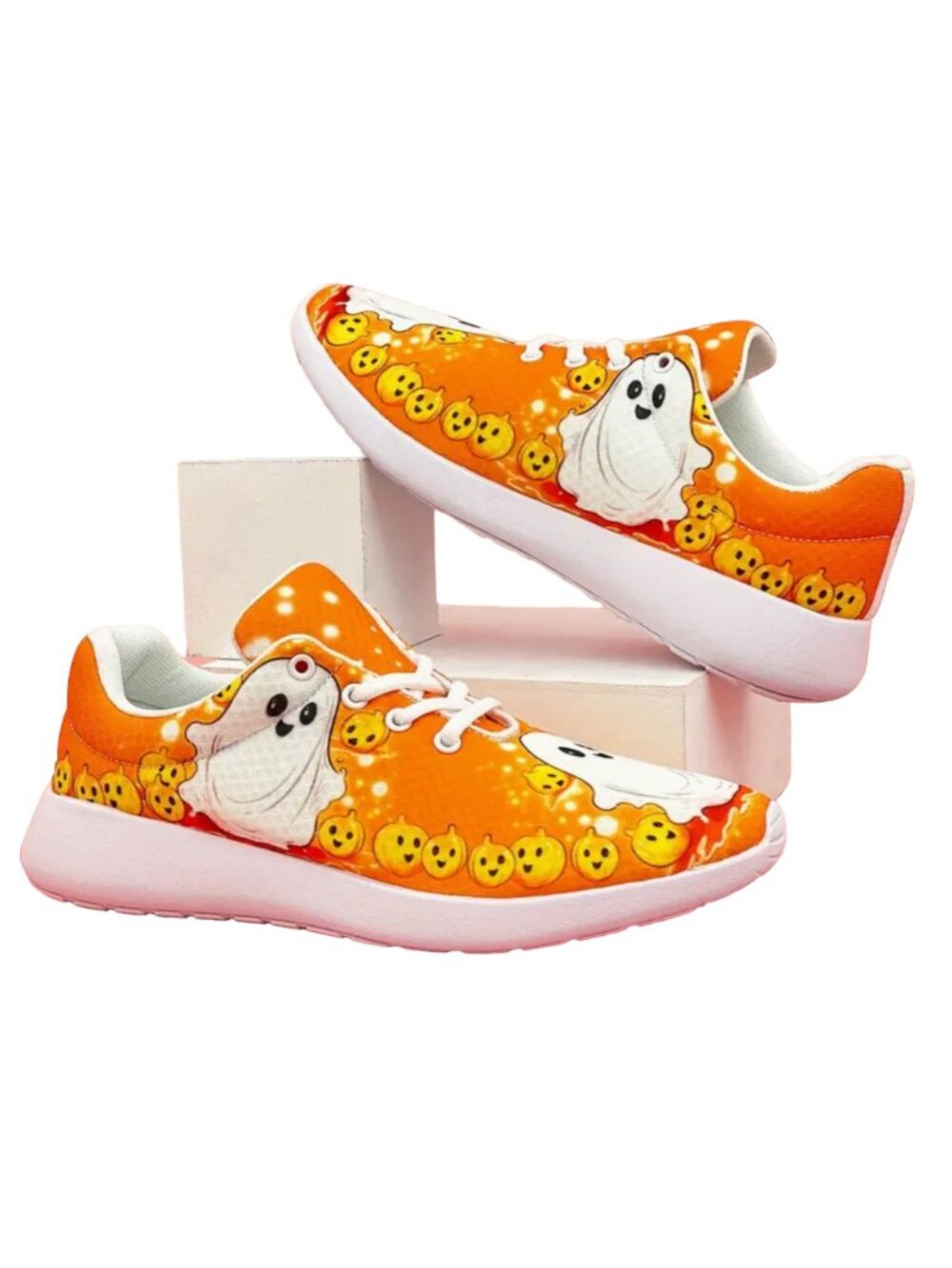 Pumpkin Ghost Print Sneakers - Comfy Thick Sole Shoes, Halloween Theme- New!